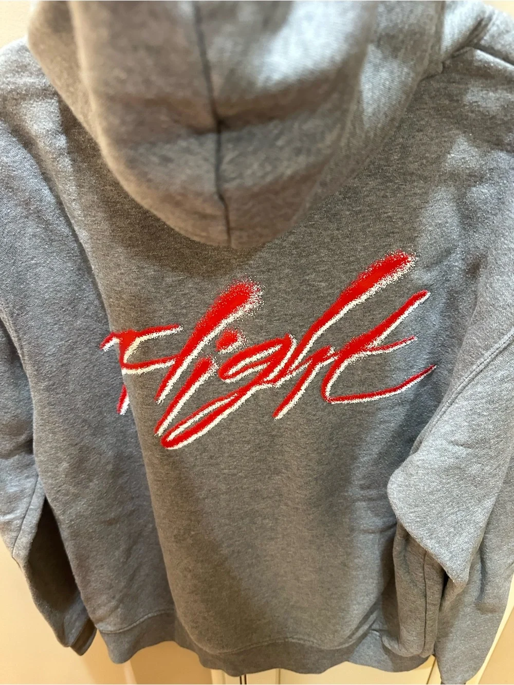 Jordan Men’s Gray Pullover Hoodie with Red Script Size S